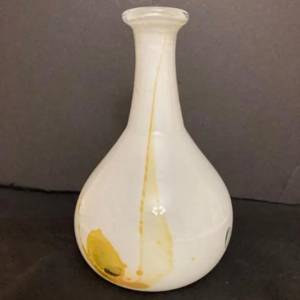 Hand‎ Blown Art Glass Vase White Yellow Rimmed Bulbous Abstract Signed